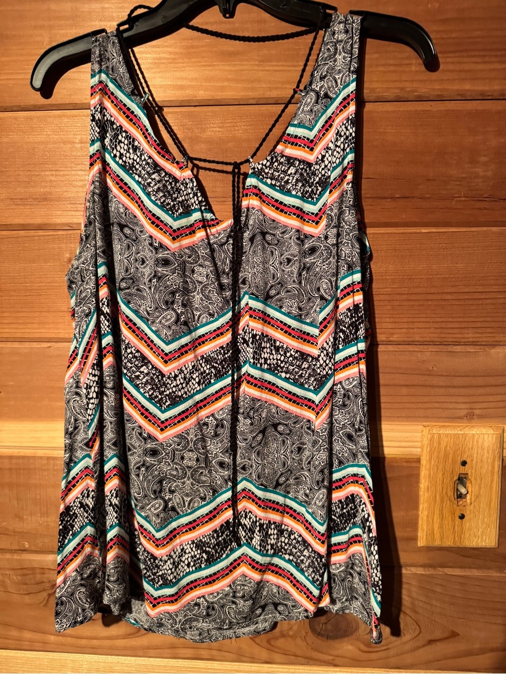 Sleeveless V-Neck Chevron & Paisley Tank Top - Black with Multicolor Stripes